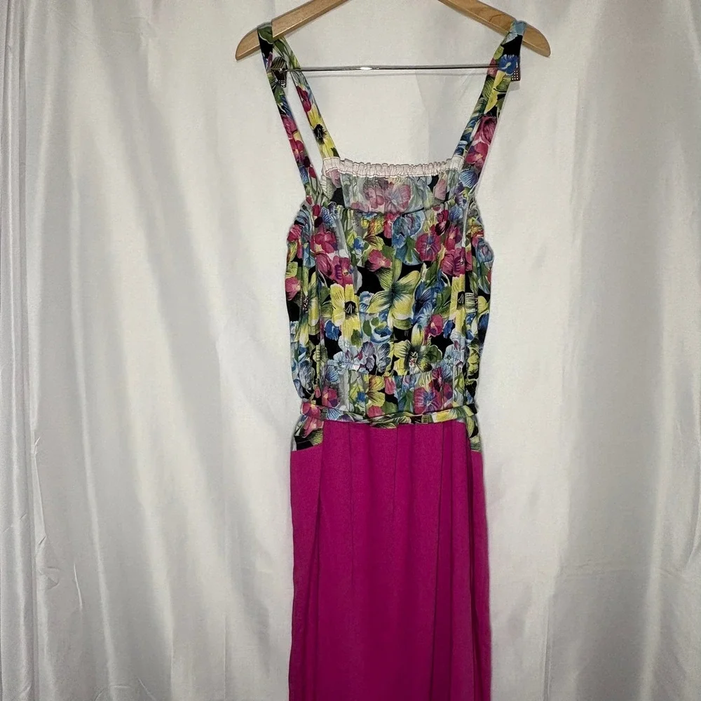 Vintage 90s Handmade Floral‎ Pink Midi Maxi Dress Elastic Waist Pintuck Hem